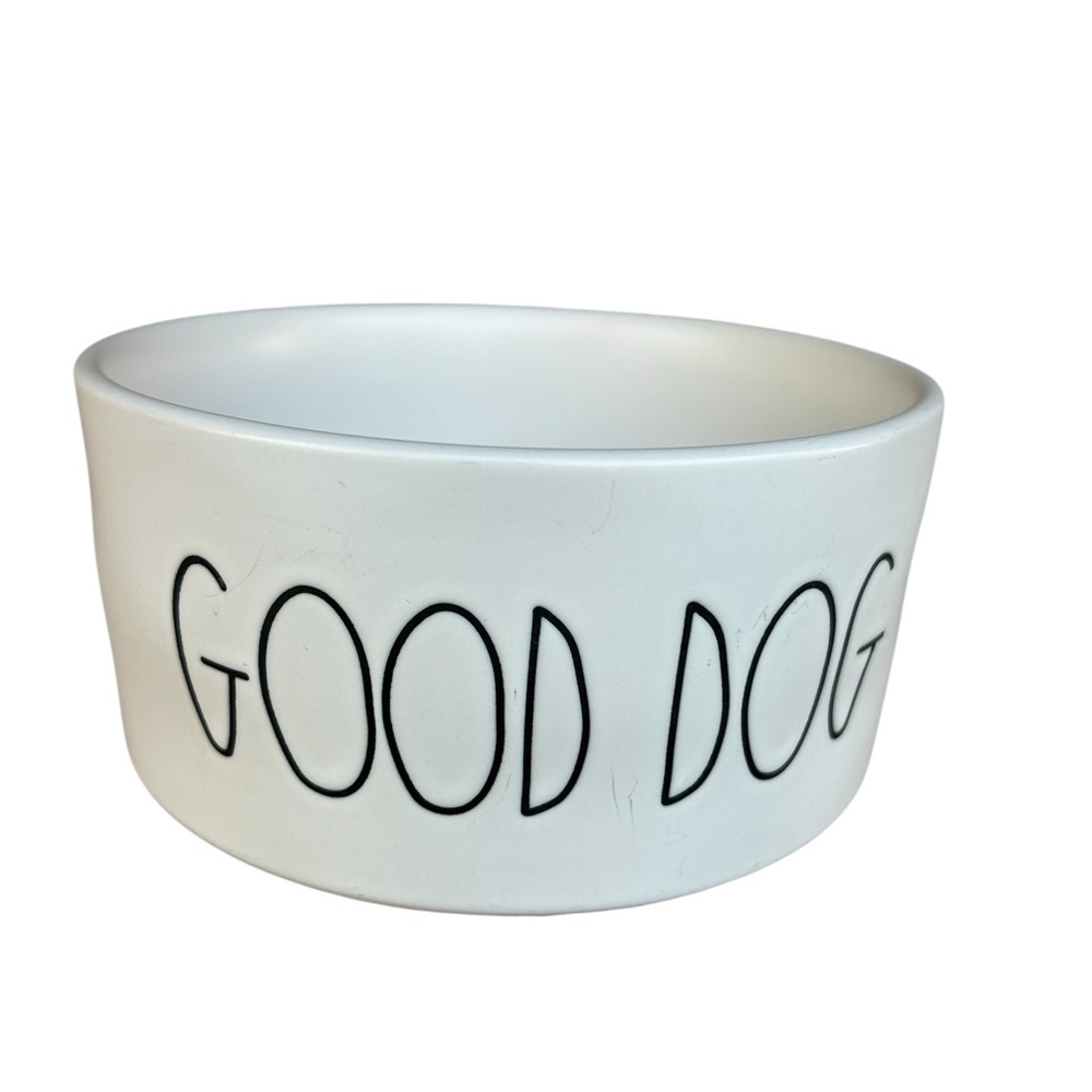 Rae Dunn GOOD DOG White Ceramic Dog Bowl Inscribed Black 6" D 2.75" H